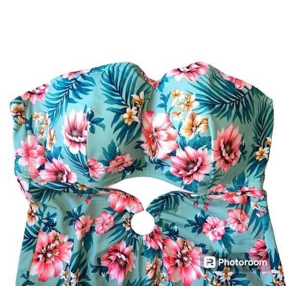 •Shade & Shore Floral One Piece Swimsuit Green 38DD Women’s Tropical Cut-Out - Picture 3 of 5